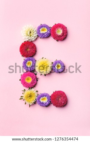 letter E made of fresh colorful flowers isolated on pink background, part of word love, flat layout