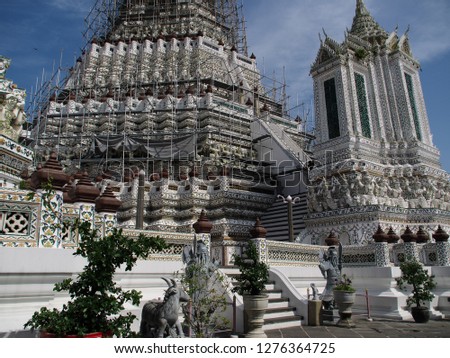 Wat Arun near Chao Phraya River, Spire with many decorations ,temple in Bangkok, Thailand