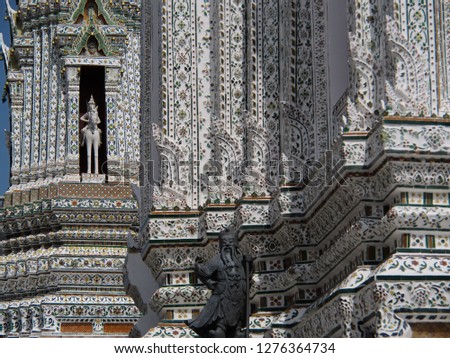 Wat Arun near Chao Phraya River, Spire with many decorations ,temple in Bangkok, Thailand