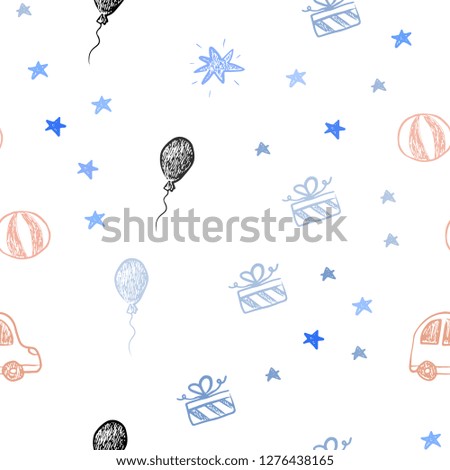 Light Blue, Red vector seamless backdrop in holiday style. Illustration with a gradient toy car, baloon, candy, star, ball. Pattern for new year ads.