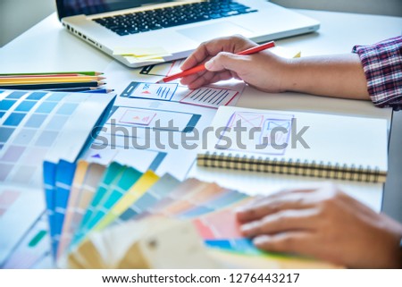Website designer Creative planning application development  graphic creative ,creativity woman  working on laptop and designing  coloring color ideas style