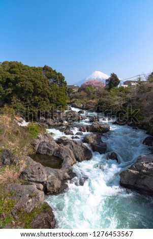 View of Mount Fuji with Uruigawa River, Shizuoka, Japan.