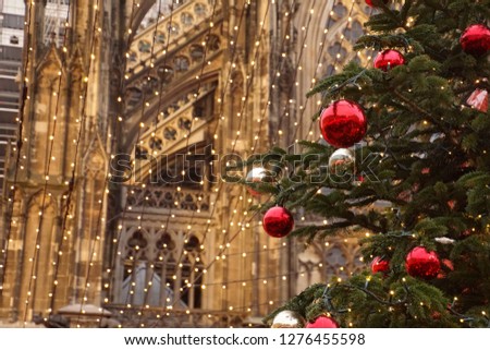 Cathedral background to the decorations and lights of the Christmas market,Cologne, Germany