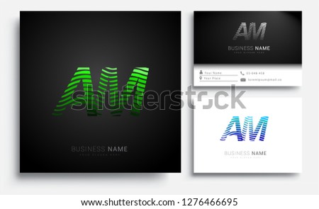 Letter AM logotype with colorful circle, with striped composition letter, sets of business card for company identity, creative industry, web.
