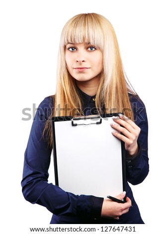 beautiful blonde with a folder for papers and pen