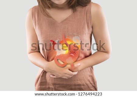 The Photo Of Cartoon Stomach On Woman's Body Against White Background, Acid Reflux Disease Symptoms Or Heartburn, Concept With Healthcare And Medicine Royalty-Free Stock Photo #1276494223