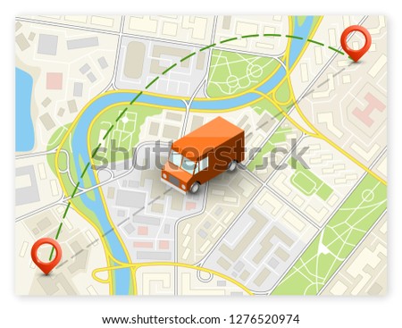 Isometric city map navigation, point markers background, vector isometry drawing schema, 3D simple city plan GPS navigation, final destination arrow paper city map. Route delivery check point graphic