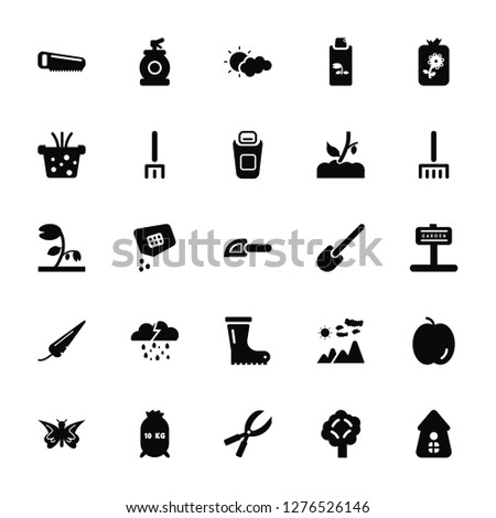 Vector Illustration Of 25 Icons. Editable Pack Saw, Trees, Scissors, Fertilizer, Butterflies, Rak, Shovel, Boot, Carrot, Plant, Cloudy, Sprayer