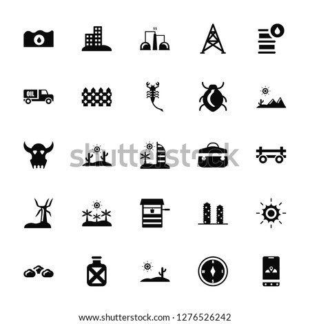 Vector Illustration Of 25 Icons. Editable Pack Petroleum, Compass, Desert, Canteen, Cloud, Briefcase, Well, Tree, Truck, Industry, Building
