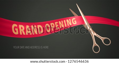 Grand opening vector illustration, banner. Design element with elegant scissors and red ribbon for opening ceremony 