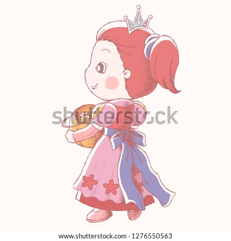 Cute little princess holding pumpkin bucket and enjoying trick and treat