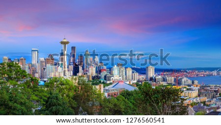 Seattle skyline panorama at sunset as seen from Park, Seattle, WA