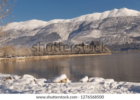 snow in  the lake Pamvotis of Ioannina city winter season  in Greece