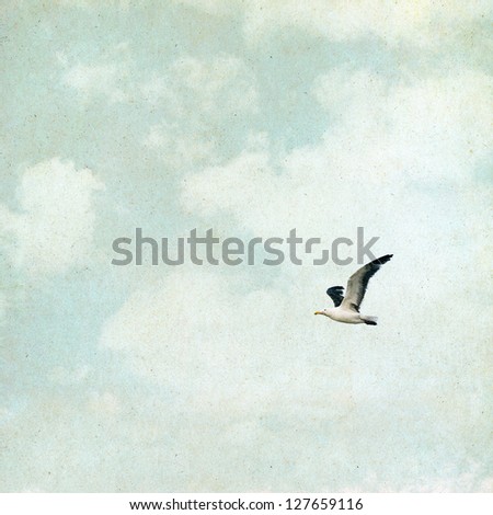 A seagull and clouds on a vintage paper background with grunge textures and grain.