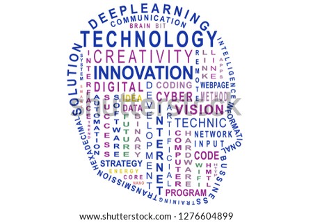 Technology tagcloud vector illustration. A head shape composed of colorful words on isolated white background. A creative concept design for cool background, poster, brochure, wallpaper,presentation.