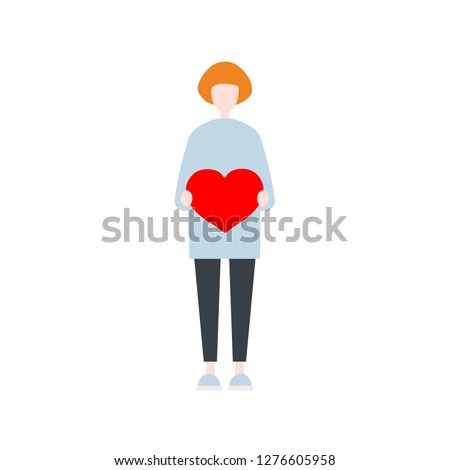 Saint Valentines Day. Young ginger female character holding a red heart. Relationships. Love. Romance. Emotions. Flat editable vector clip art