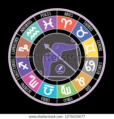 Sagittarius zodiac sign. Aquarius, libra, leo, taurus, cancer, pisces, virgo, capricorn, aries, gemini, scorpio. Astrological zodiacal calendar collection. Bow, arrows. Color vector cartoon horoscope