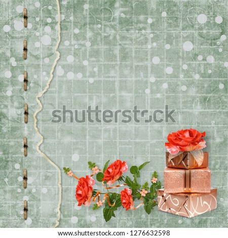 Holiday card with gift boxes and bouquet of beautiful red roses on green paper background, for congratulation or invitation
