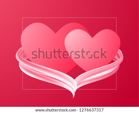 Vector illustration: Two hearts with twisted acrylic paint stroke shape on red background
