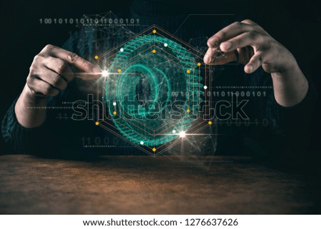 futuristic management ideas concept with hand control virtual gear with line and dot black background
