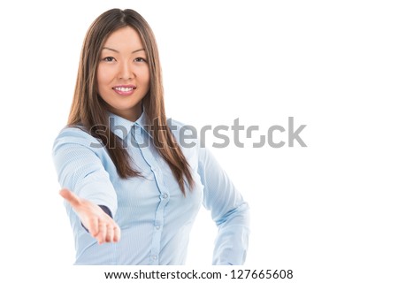 Portrait of lovely business woman offering handshake over white background