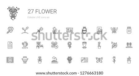 flower icons set. Collection of flower with butterfly, wedding invitation, bouquet, lawn, plant, vase, wedding video, tulip, sunflower, petals. Editable and scalable flower icons.