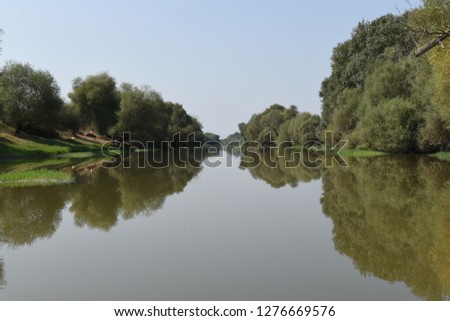 Peaceful River scene with trees reflecting in the water