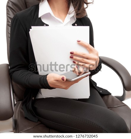Girl with office paper in hands on white background .