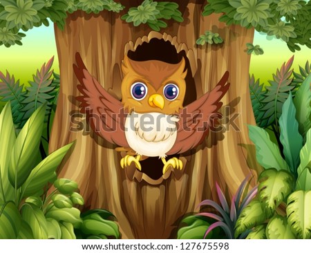 Illustration of a hollow tree with an owl