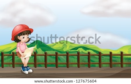 Illustration of a little girl at the wooden bridge