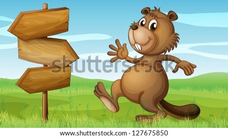 Illustration of a beaver in the hills near the wooden signboard
