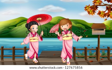 Illustration of girls wearing a kimono attire
