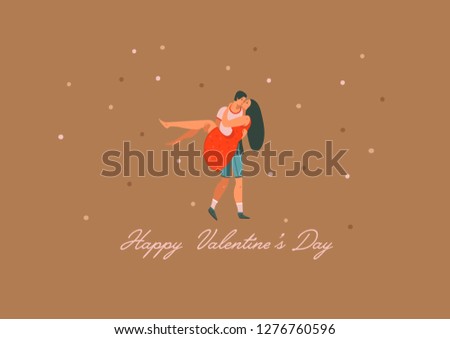 Hand drawn vector abstract cartoon modern graphic Happy Valentines day concept illustrations art card with couple people together and Valentines day text isolated on brown colored background