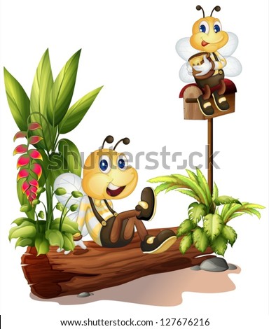 Illustration of bees sitting on a trunk and on the mailbox on a white background