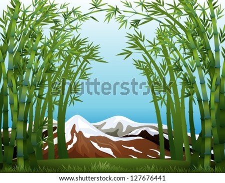 Illustration of a bamboo forest and the snowy mountain