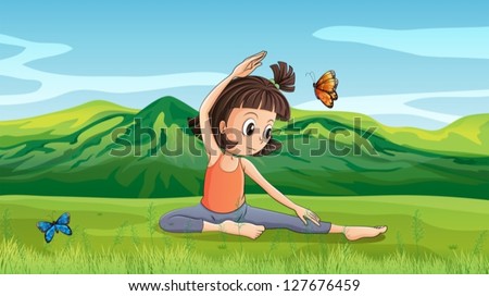 Illustration of a girl doing yoga near the hills