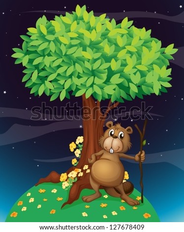 Illustration of a beaver under a big tree