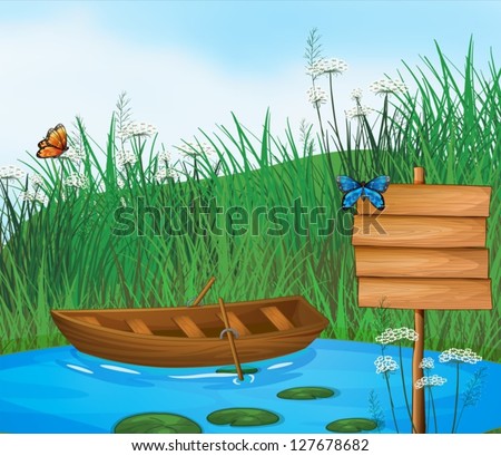 Illustration of a wooden boat in the river