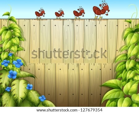Illustration of the high wooden fence with ants