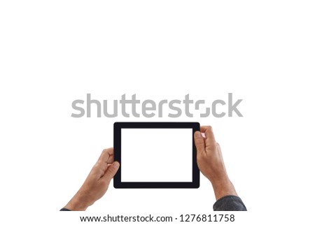 Man is holding a tablet white background and isolated screen.