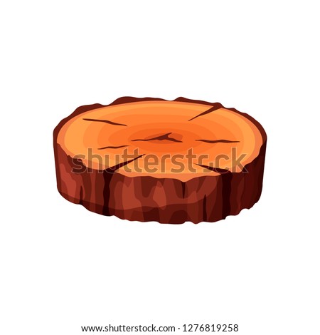Cartoon isometric tree trunk slice isolated on white background. Wooden log cross section with splits and cracks vector illustration