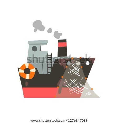 Fishing vessel with net, industrial trawler for seafood production, retro marine steamer vector Illustration