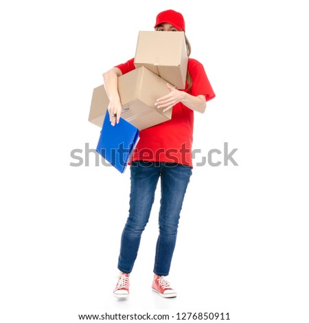 Delivery woman in red uniform holding box package isolated on white background