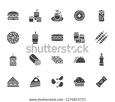 Junk food flat glyph icons set. Burger, fast snacks, sandwich, french fries, hot dog, mexican burrito, pizza vector illustrations. Signs for restaurant menu. Solid silhouette pixel perfect 64x64.