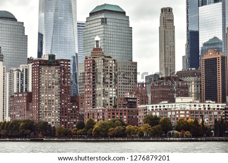 New York city skyline from ferry boat on the ocean, State of Liberty travel