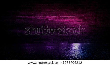 Background of empty room with brick wall and concrete floor. Smoke, fog, neon light 