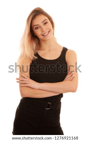 Stylish young woman in black stand isolated over white background and smile