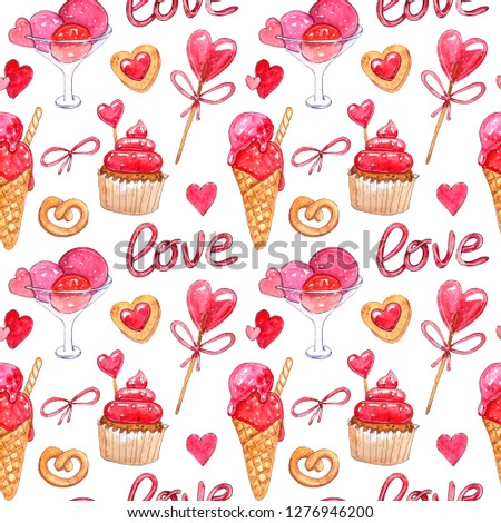 Watercolor Seamless pattern isolated on white background, hand drawn illustration with love, hearts, cookies, ice cream