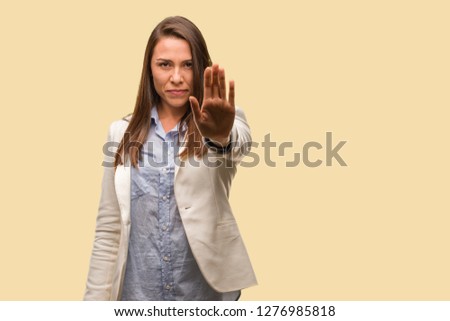 Caucasian business young woman putting hand in front
