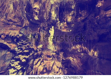 Image of cave Grotte des Demoiselles illuminated inside, France

